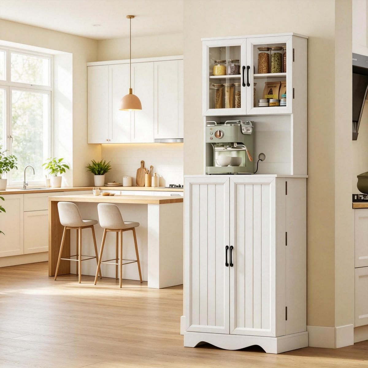 BUFFET DE-38833 60/39,5/179,6 cm 4 Türen und 8 Gewürzhalter Weiß - Weiß, Holzwerkstoff (60/179.6/39.5cm) - ComfortXL