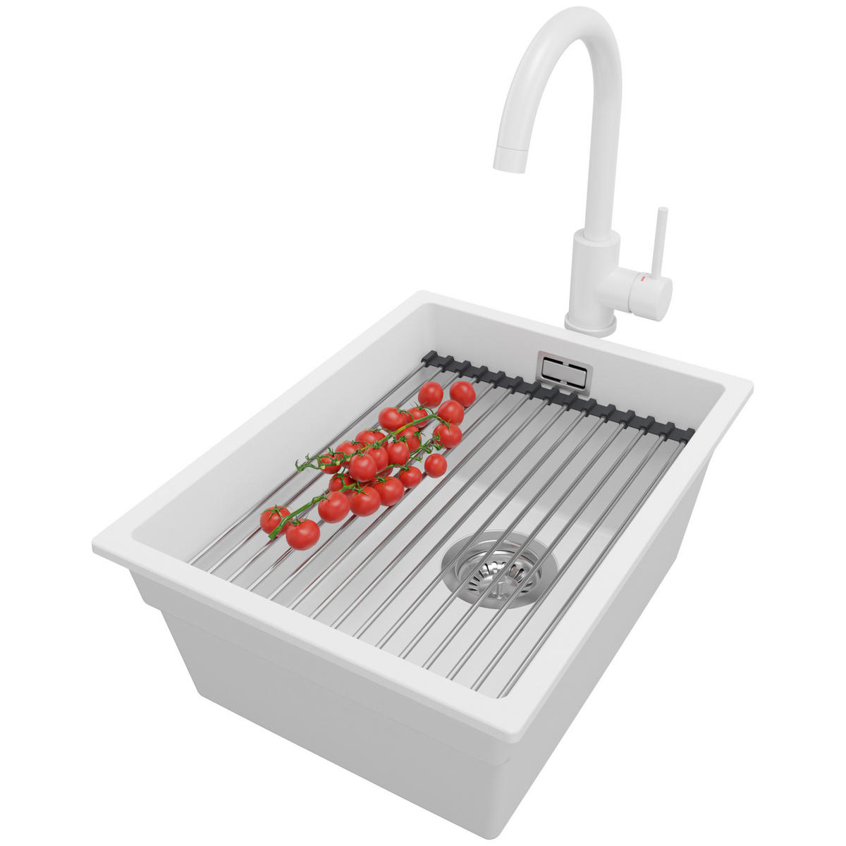 UNTERBAUSPÜLE GRANIT Praga, 2-er set Weiß 36/47 cm 1 Becken + Küchenarmatur 32/20 cm + Ablauf-Set + Aufrollbare Abtropffläche ab 40er Unterschrank - Chromfarben/Weiß, Kunststoff (36/20/47cm) - Primagran