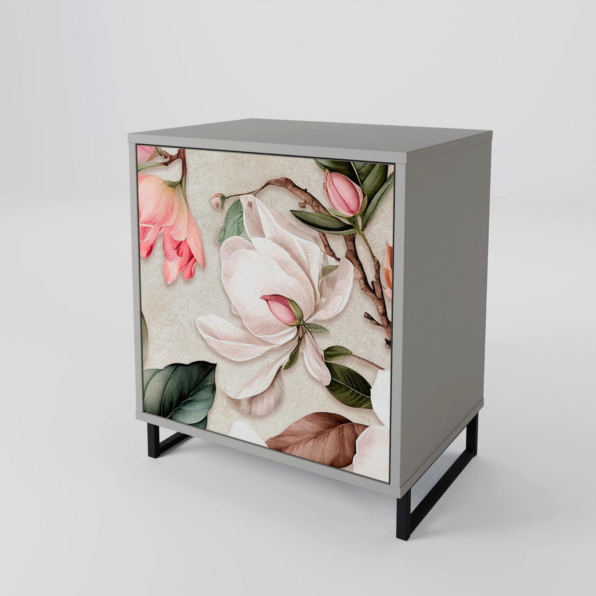 SIDEBOARD FLORAL GRACE, Grau, 57,5x42x72,5 cm, Schwarze Metallfüße - Multicolor/Schwarz, Holzwerkstoff/Metall (57.5/72.5/42cm) - SpaceRebels