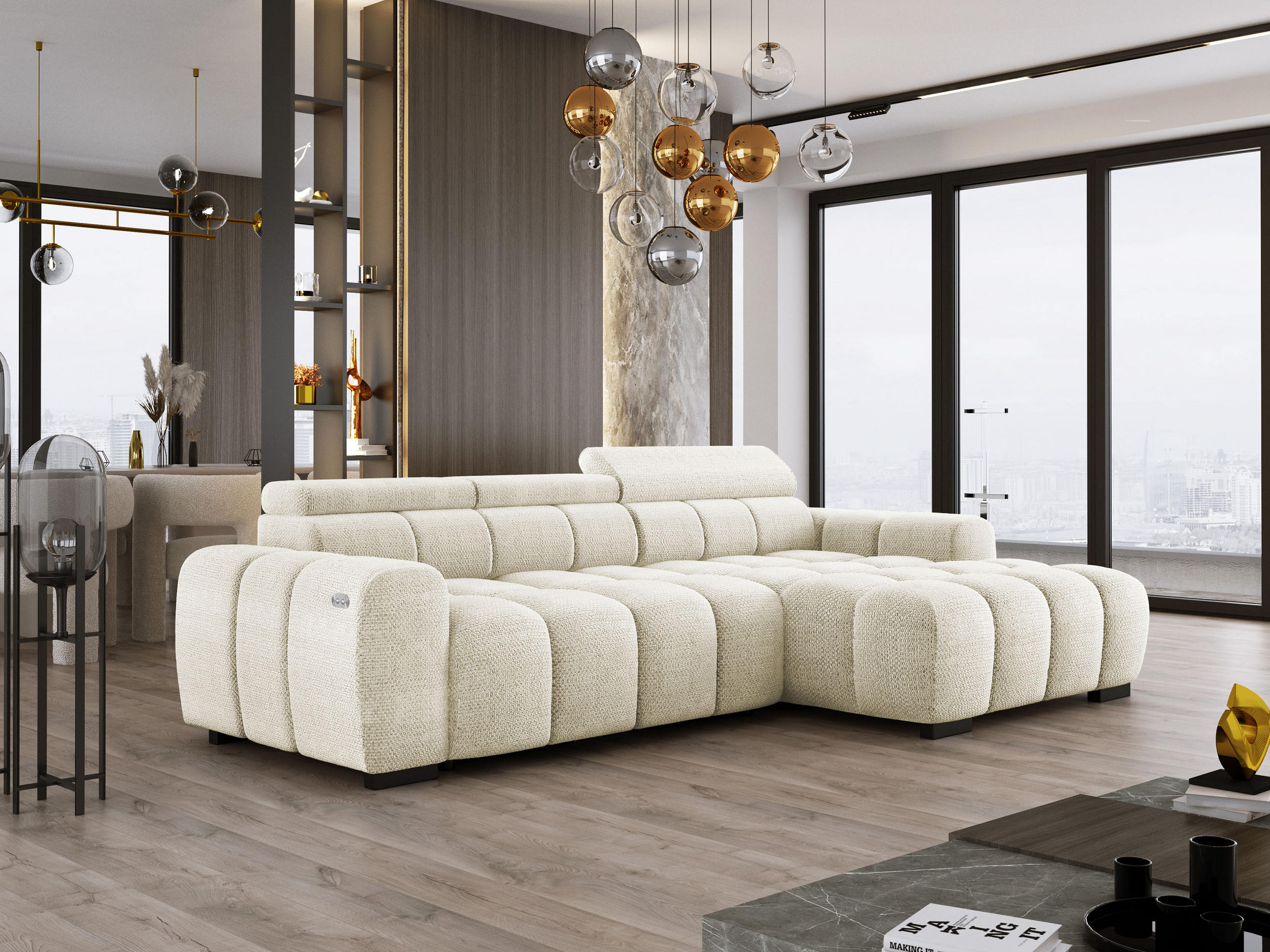 ECKSOFA OMBO 285x168x77/97 cm, Rechts, Schlaffunktion, elektr. Sitz, Kopfstützen, hydrophober EDEN-Stoff – Weiß - Weiß, Holz/Textil (285/168cm) - DomoHome