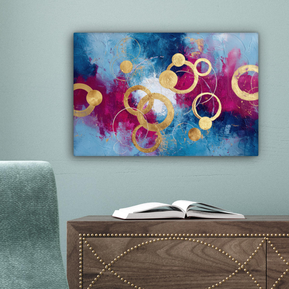 LEINWANDBILD Kreise - Gold - Abstrakt Deko Schlafzimmer 30x20 cm - Blau, Textil (30/20cm) - MuchoWow