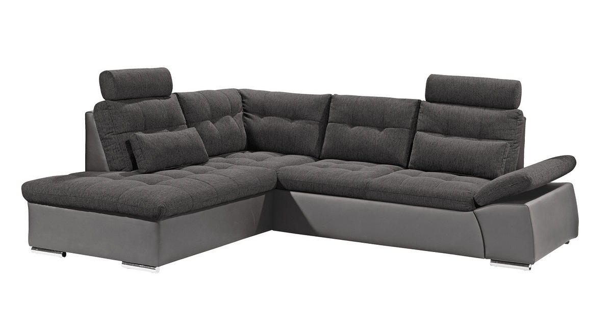ECKSOFA mit Schlaffunktion, Armlehnfunktion und Kopfstützen - Chromfarben/Dunkelgrau, Textil (260/219cm) - ed exciting design
