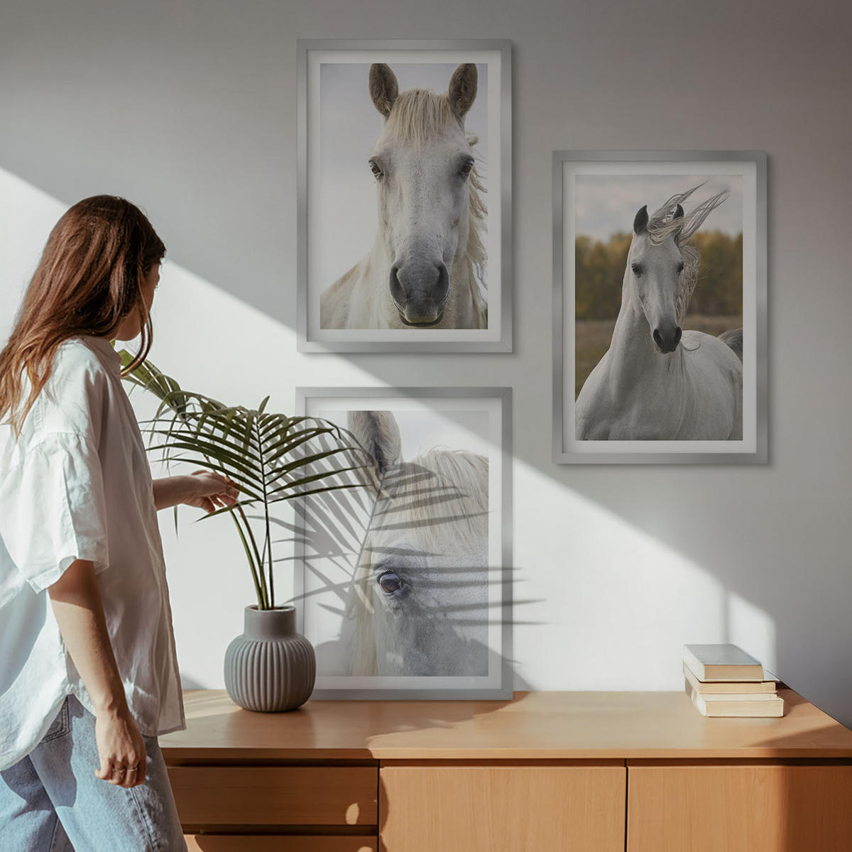 WANDBILDER 3er Set - 40x60 cm Silberner Rahmen - Weiße Pferde in der Natur - Silberfarben, Kunststoff (40/60cm) - ArtPrintCave