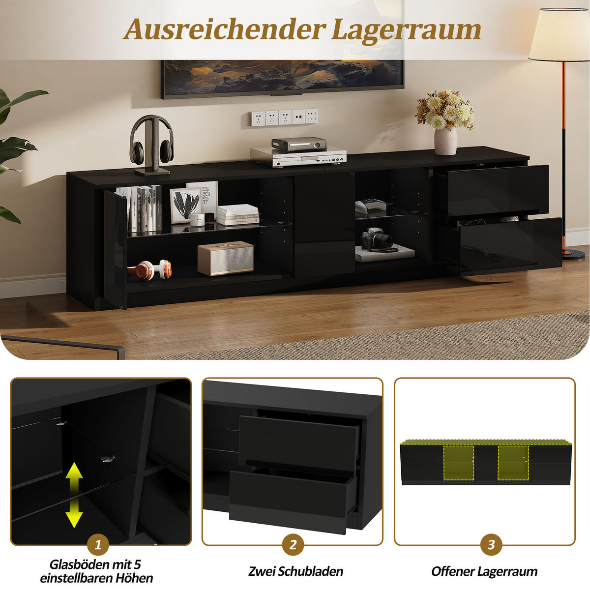 TV-LOWBOARD 160x40x52 cm Hochglanz Schwarz LED für 65" TV - Schwarz, Holzwerkstoff (40/52/160cm) - FLIEKS