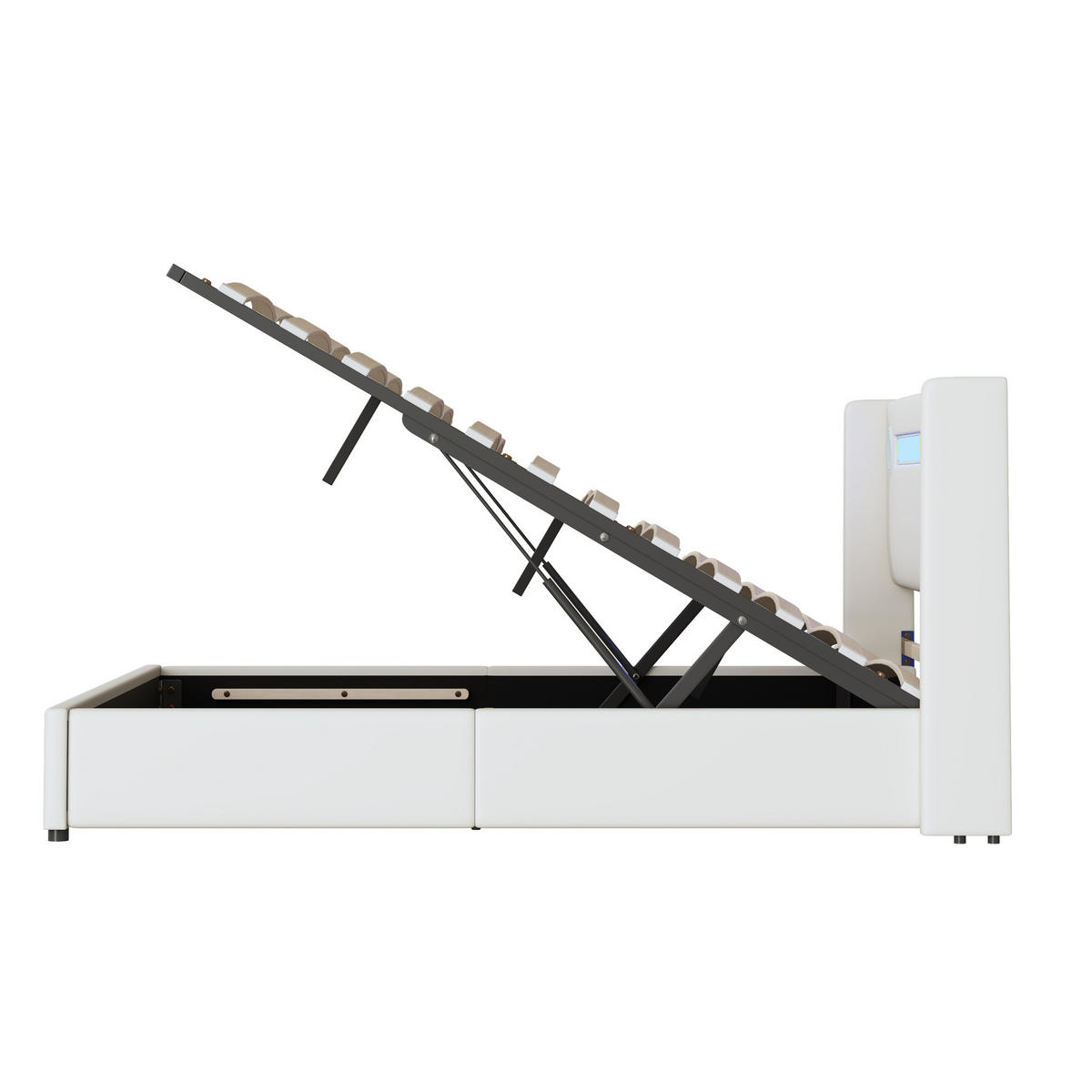 POLSTERBETT aus PU-Leder 160x200 cm Weiß mit LED, Bluetooth, USB und hydraulischem Bettkasten - Weiß, Kunststoff (160/200cm) - Modfu