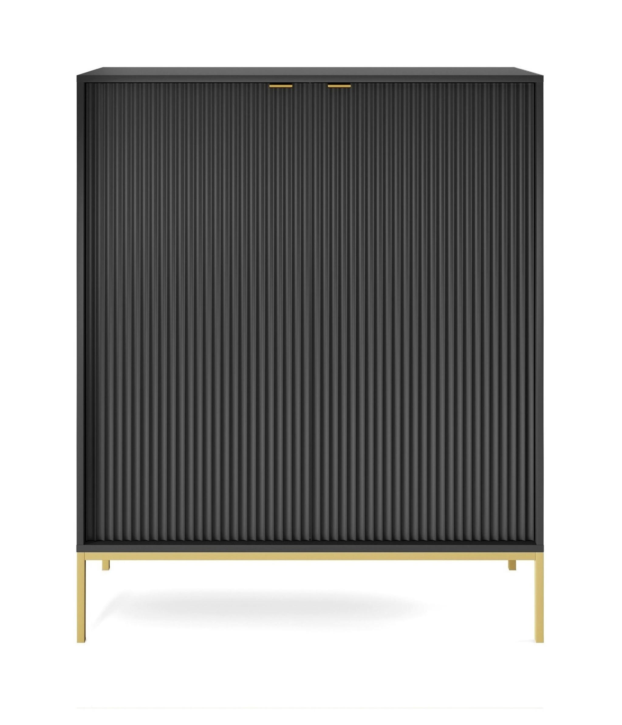 SIDEBOARD Eternas 2T Schwarz 104/125/39 cm – goldene Füße, mit geriffelten Fronten - Goldfarben/Schwarz, Holzwerkstoff (104/125/39cm) - AX Living