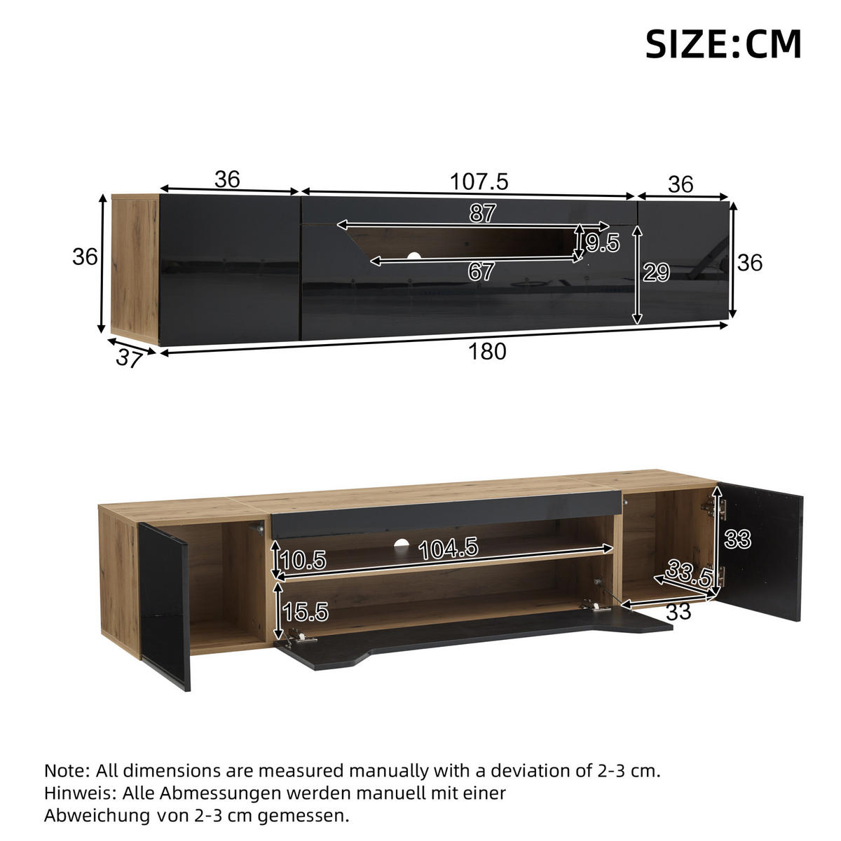 TV-LOWBOARD aus Spanplatte 180x37x36 cm Schwarz/Natur mit LED-Beleuchtung, wandmontiert und Hochglanzfront - Schwarz, Holzwerkstoff (180/36/37cm) - Modfu