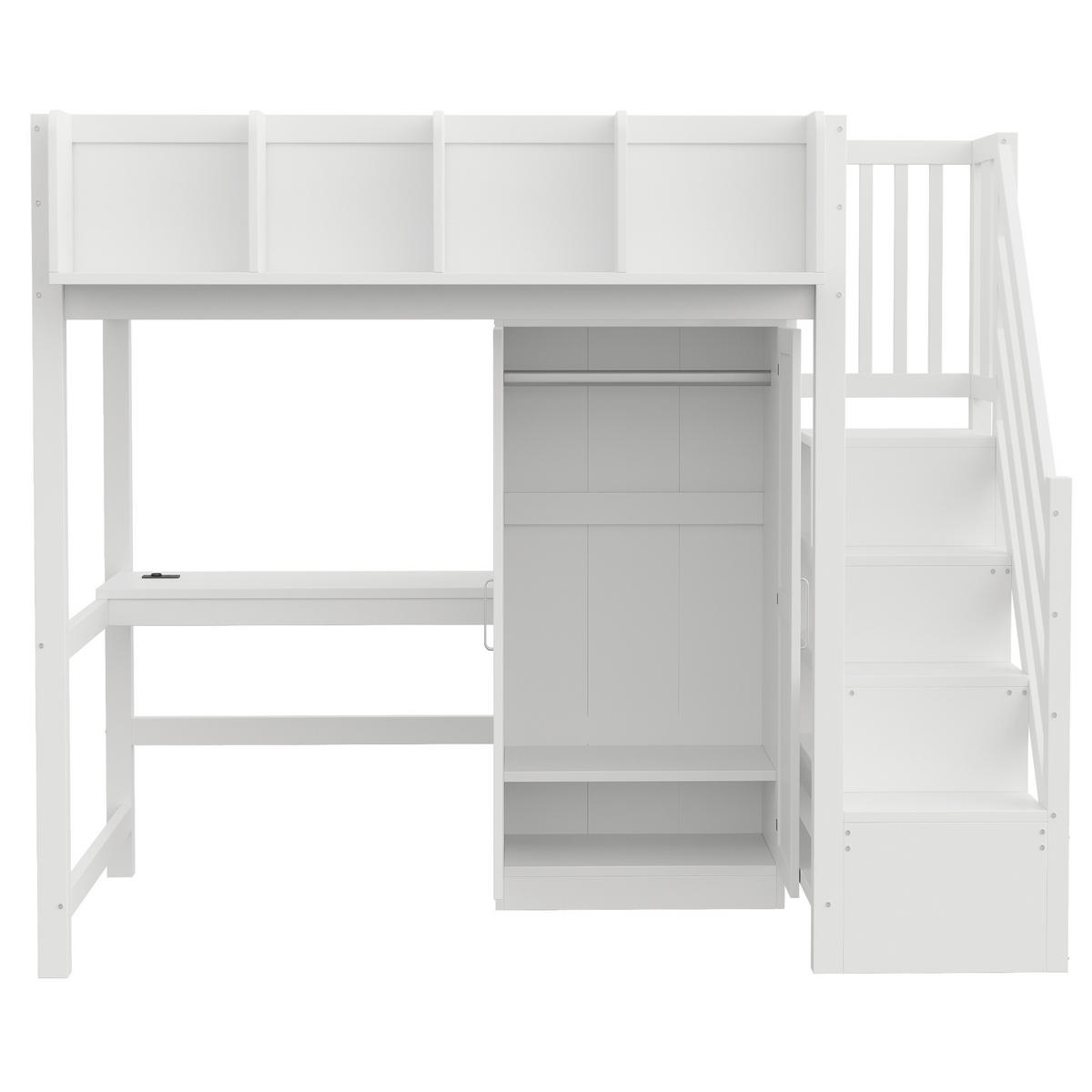 HOCHBETT 90x200 cm in Weiß mit Schreibtisch, Kleiderschrank, LED und Stauraumtreppe - Weiß, Holz (90/200cm) - IVMEU