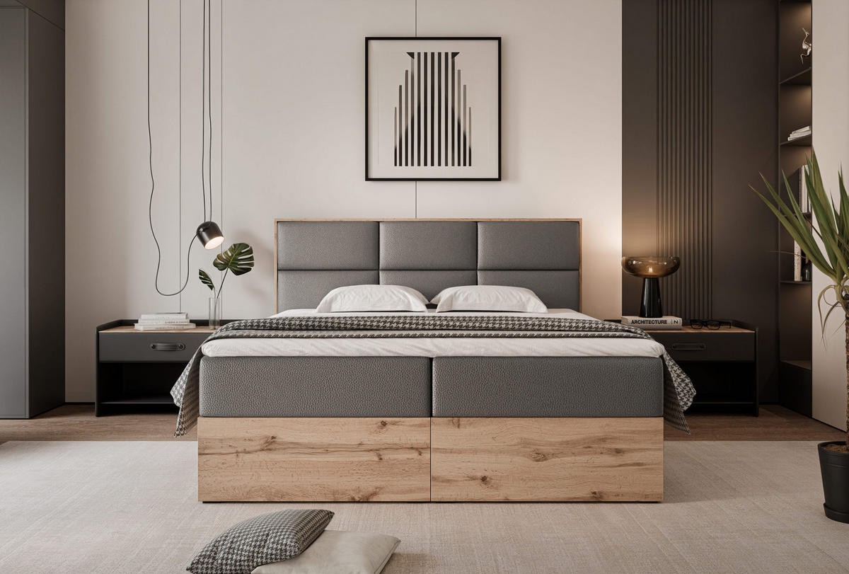BOXBETT LAVIO 160/200 cm, in Grau, mit Matratze und Topper - Grau, Holzwerkstoff/Textil (160/200cm) - Idohome