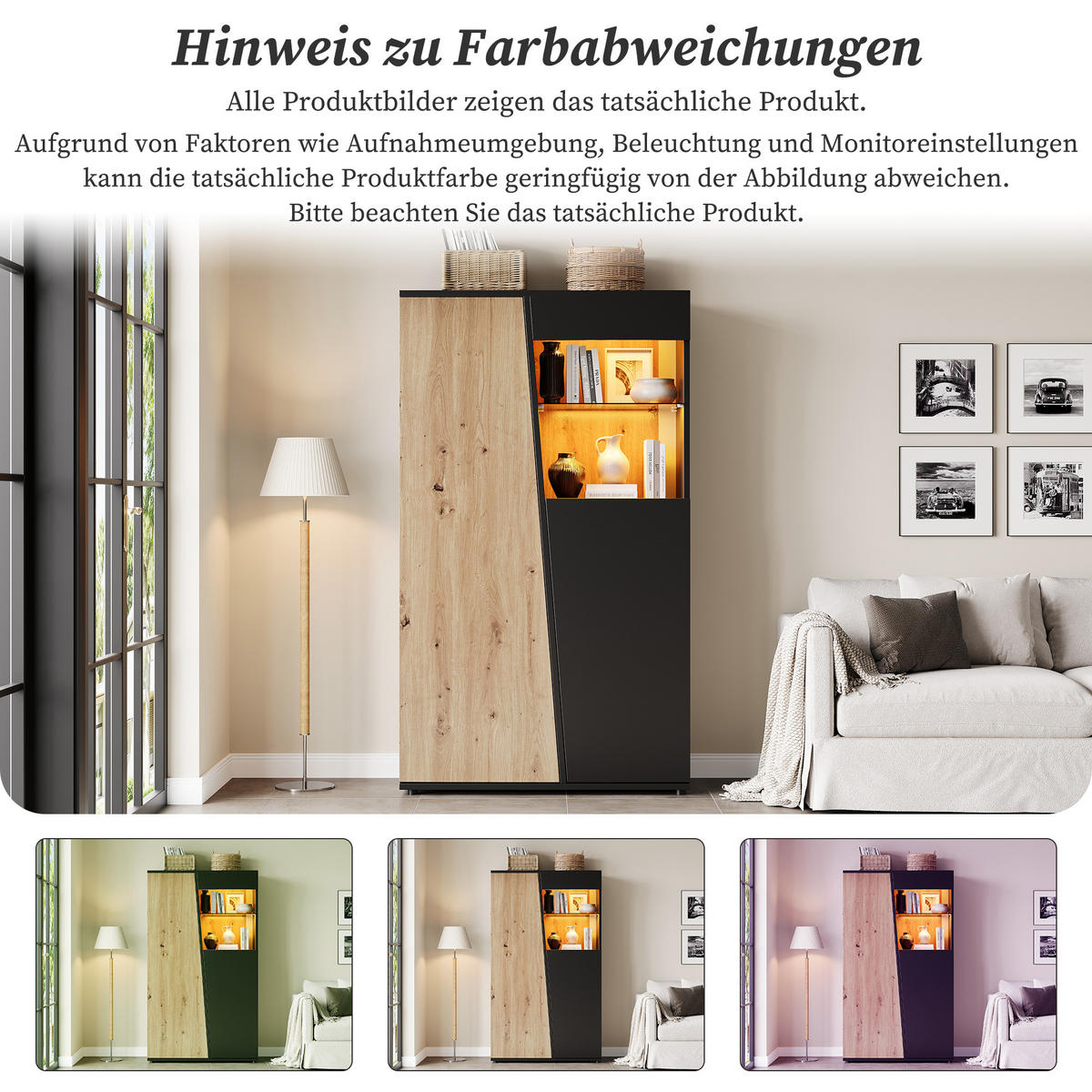 VITRINENSCHRANK 80/35/139,5 cm mit LED, Glastüren und verstellbaren Glasböden in Schwarz-Naturholzoptik - Schwarz/Naturfarben, Glas/Holzwerkstoff (80/139.5/35cm) - CHICFURN