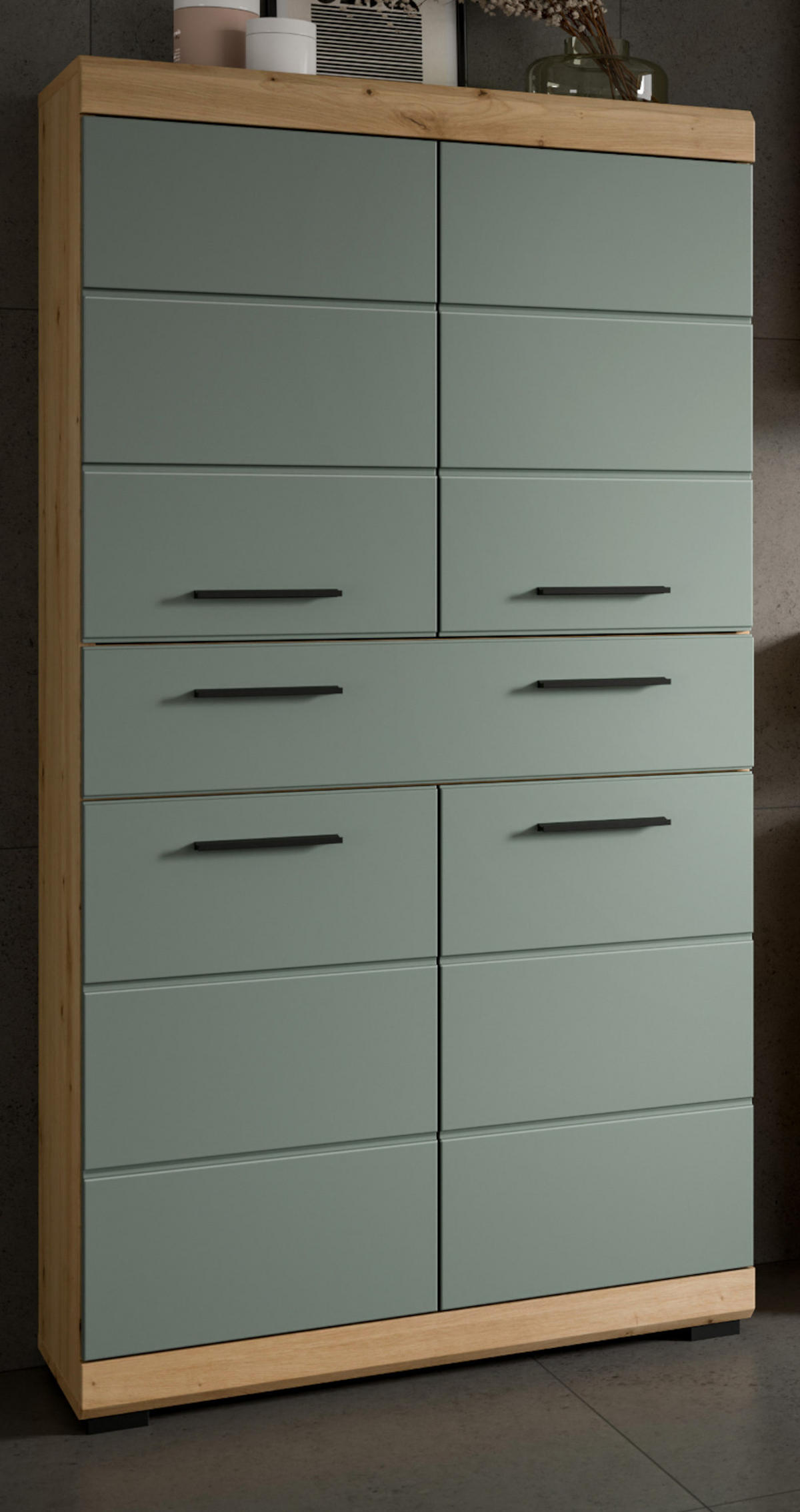 MIDISCHRANK Salbei grün, Eiche Artisan 74 x 141 cm, Badschrank 4-türig - Salbeigrün/Schwarz, Holzwerkstoff/Kunststoff (74/141/31cm) - Inn.Furn
