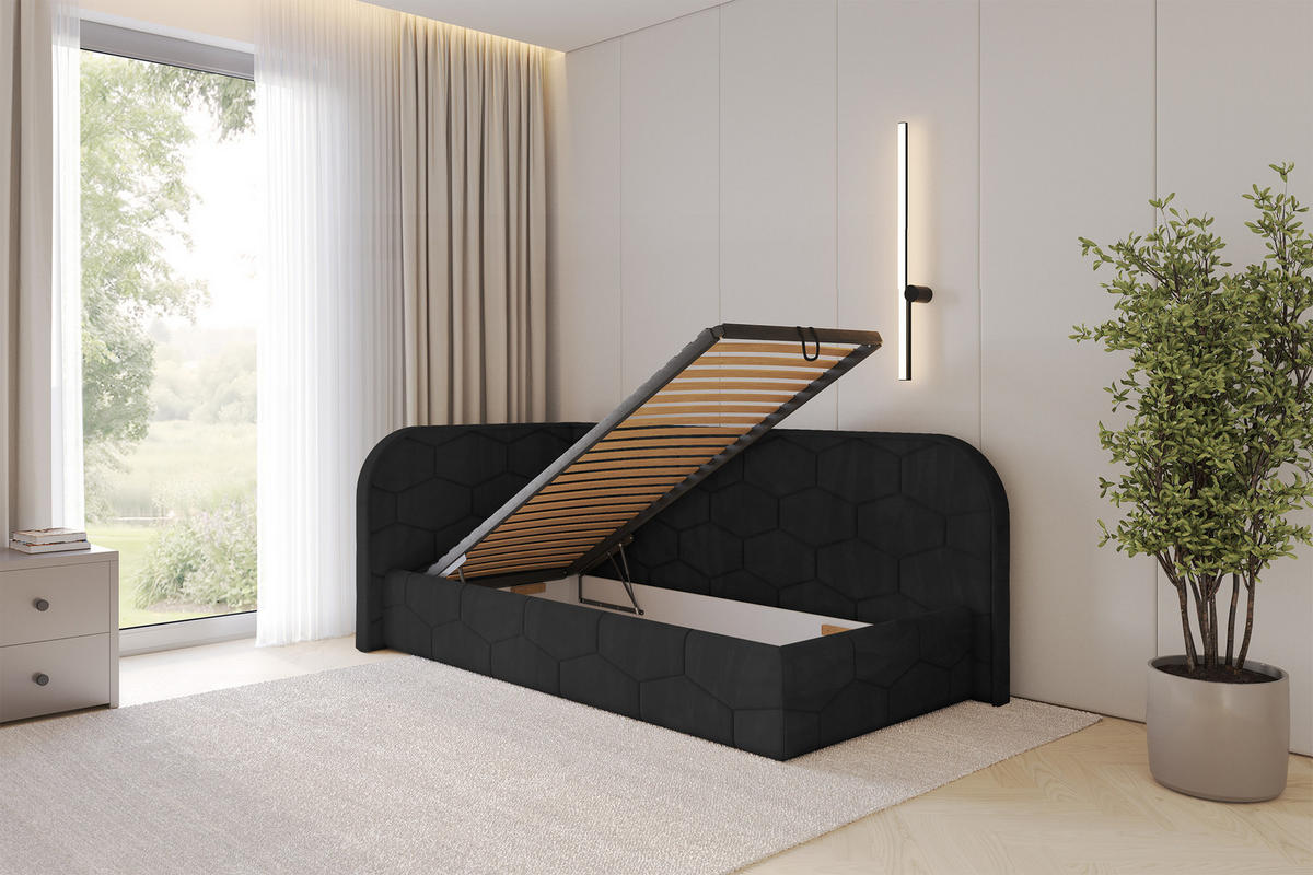 EINZELLBETT Jugendbett mit Bettkasten und Matratze H3/H4, Rechts - JAXY 90x200 Schwarz - Anthrazit, Holzwerkstoff/Textil (90/200cm) - ALTDECOR