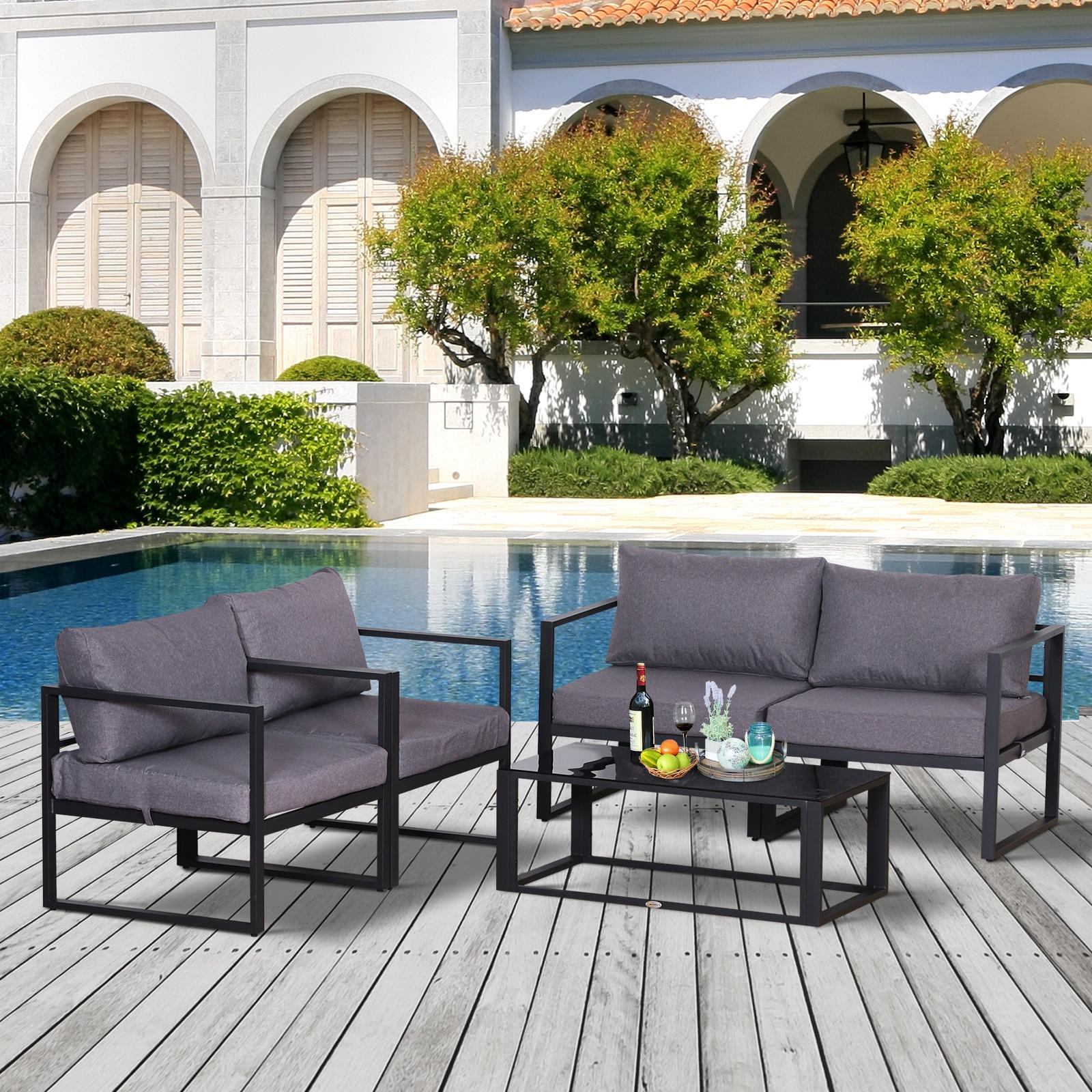 GARTENMÖBEL-SET, Aluminium, Polyester, Grau - Grau, Metall - Outsunny