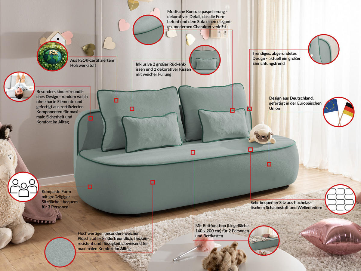 KINDERSOFA Vero im modernen und abgerundeten Design mit Schlaffunktion und Bettkasten aus Blaugrau Plüschstoff mit petrolfarbener Paspel - Blaugrau/Schwarz, Holz/Kunststoff (210/90/98cm) - S-Style Möbel