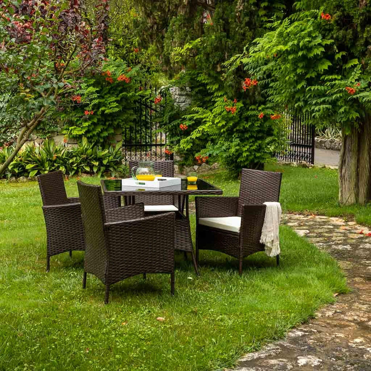 GARTEN-ESSGRUPPE, 5er-Set, dunkelgrau - Braun, Naturmaterialien - Wanderlust