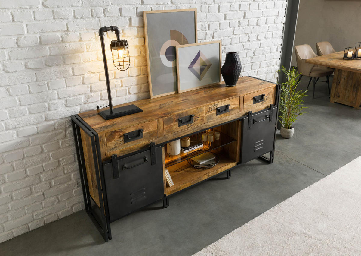 SIDEBOARD Mango / Altholz 195x45x90 natur / grau lackiert / Metall grau BLACKBURN LUX #409 - Braun, Holz (195/90/45cm) - Massivmoebel24