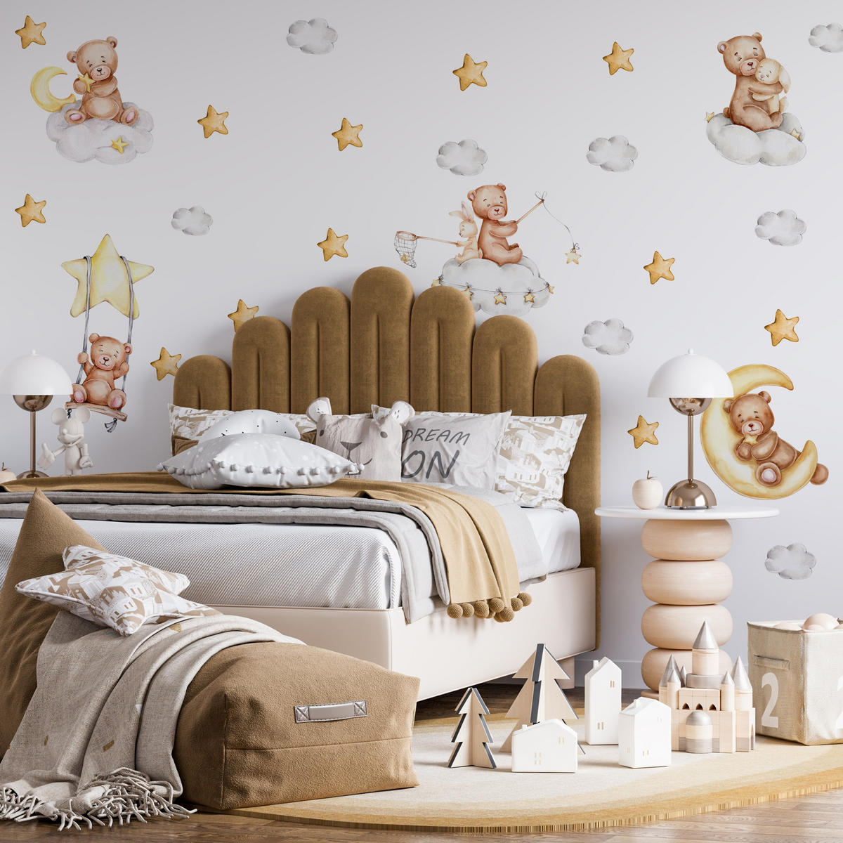 WANDSTICKER Teddybären Wolken Monde Sterne 120x60 - Gelb/Beige, Papier (120/60/1cm) - Muralo