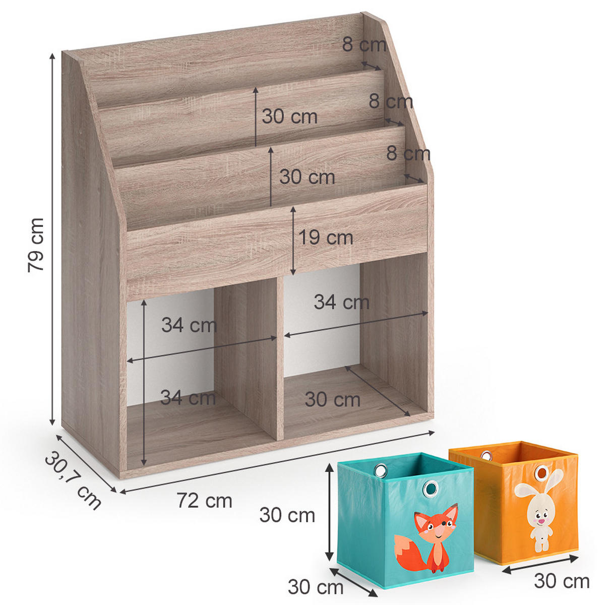 KINDERREGAL Luigi Sonoma 72 x 79 cm mit 2 Faltboxen opt.1 - Sonoma Eiche, Holzwerkstoff (72/79/30.7cm) - Vicco