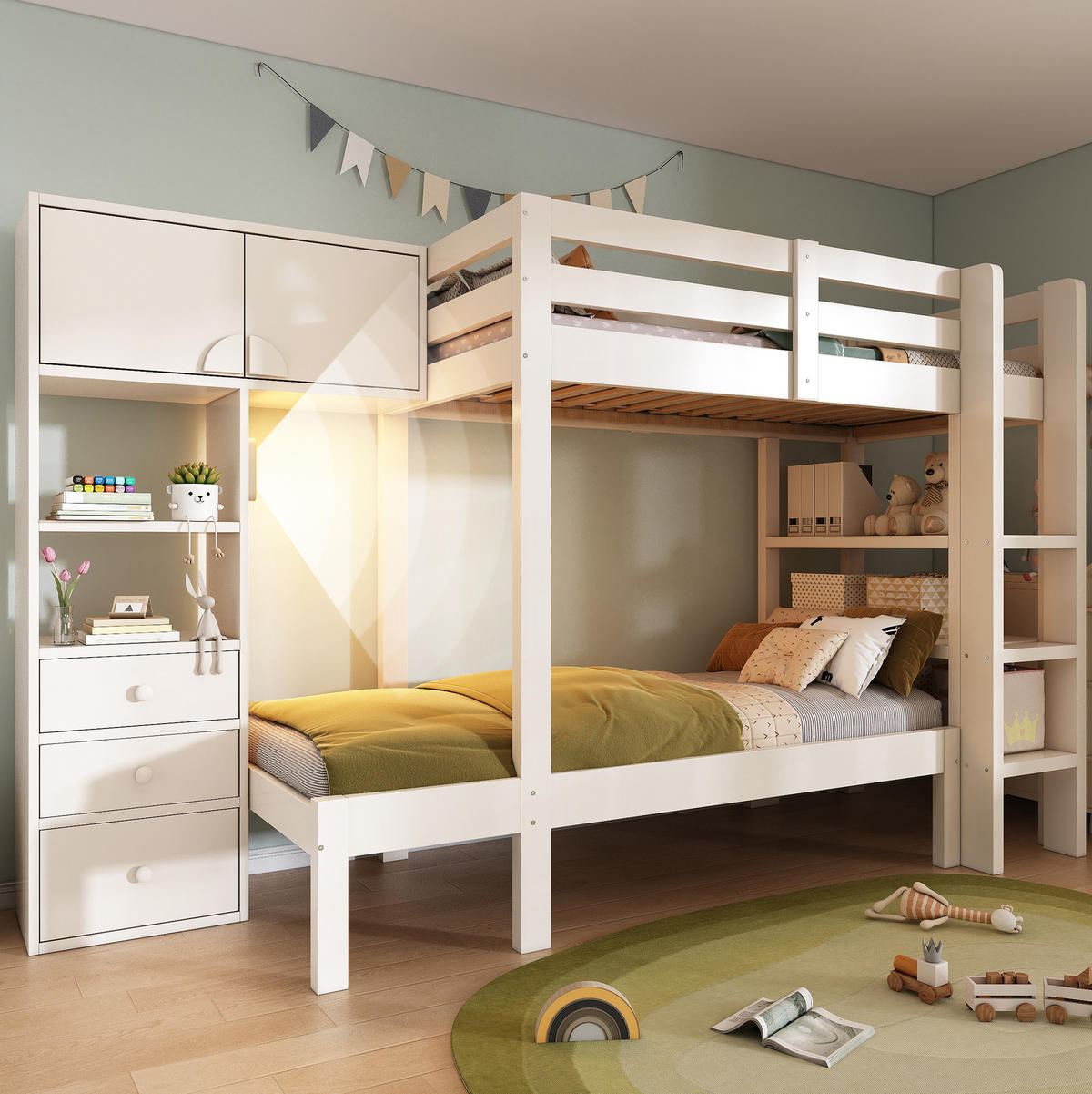 ETAGENBETT aus Massivholz und MDF 90x200 cm Weiß mit Schrank, Regalen und Schubladen - Weiß, Metall (90/200cm) - IVMEU
