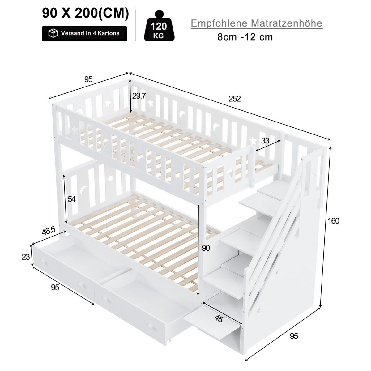 POSCHODOVÁ posteľ z masívneho dreva, 90/200 cm biela, so schodíkmi a úložným priestorom - biela, drevo (90/200cm) - BEAOK