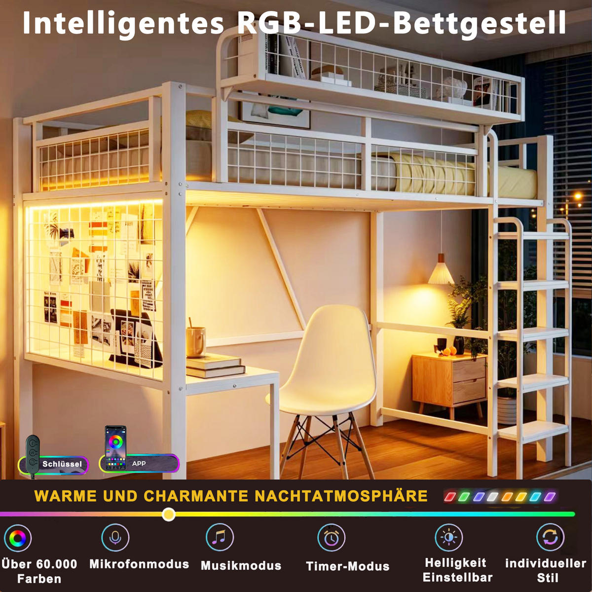 HOCHBETT 90/200 cm in Weiß mit Schreibtisch, LED, Steckdose und Ablage Metall modern - Weiß, Holzwerkstoff/Metall (90/200cm) - STILVORA