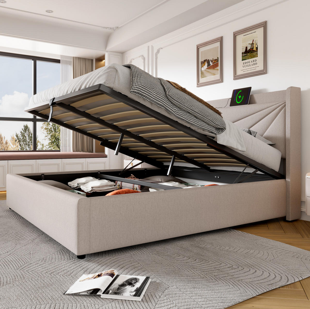 BETT mit Bettkasten und USB/Typ-C 180x200 cm Beige - Beige, Metall (180/200cm) - Meubliv
