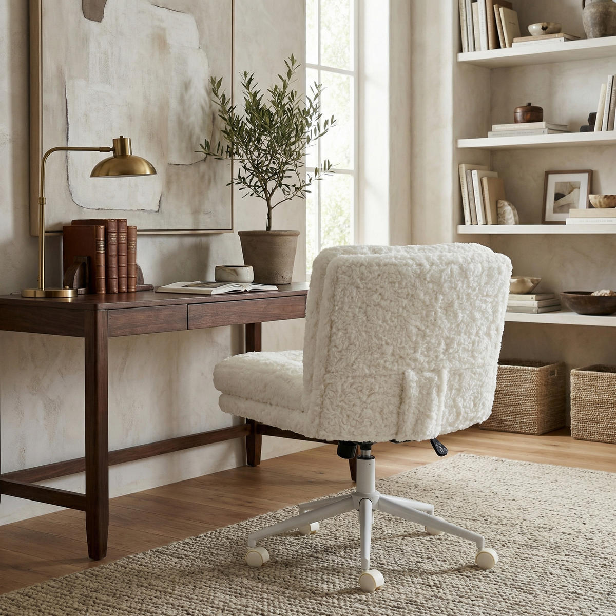 DREHSTUHL Creme Kunstfell mit Rollen, höhenverstellbar - Creme, Textil (63/94/67cm) - Urban Meuble