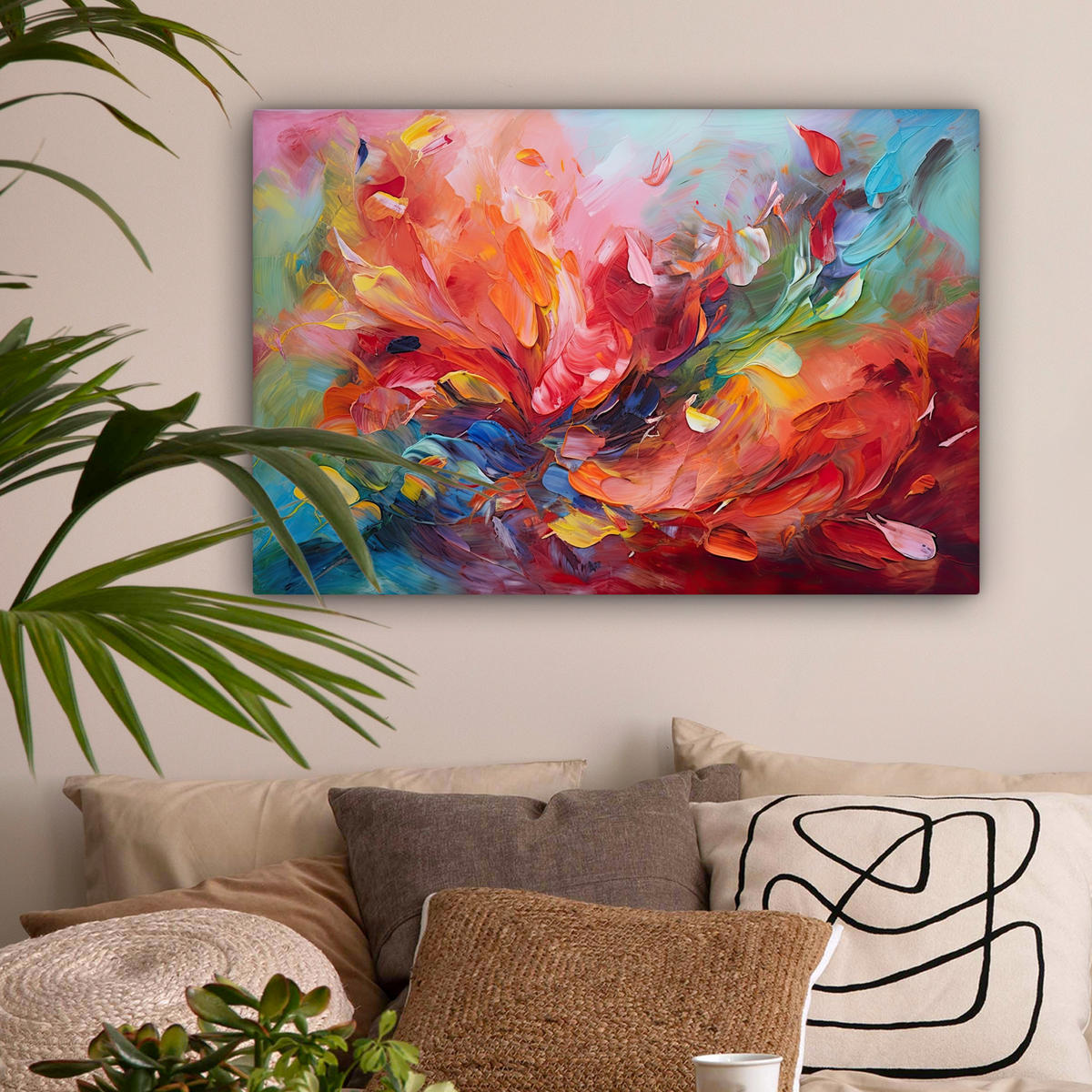 LEINWANDBILD Ölgemälde - Kunst - Abstrakt - Farbenfroh Wanddeko 90x60 cm - Altrosa, Textil (90/60cm) - MuchoWow