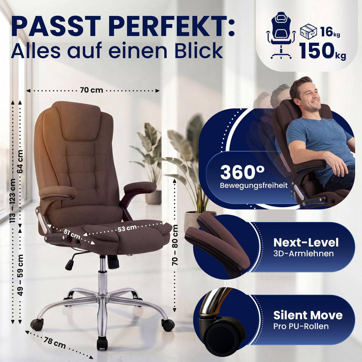 CHEFSESSEL Stoff Braun - Chromfarben/Braun, Textil/Metall (69.5/113/78cm) - CLP