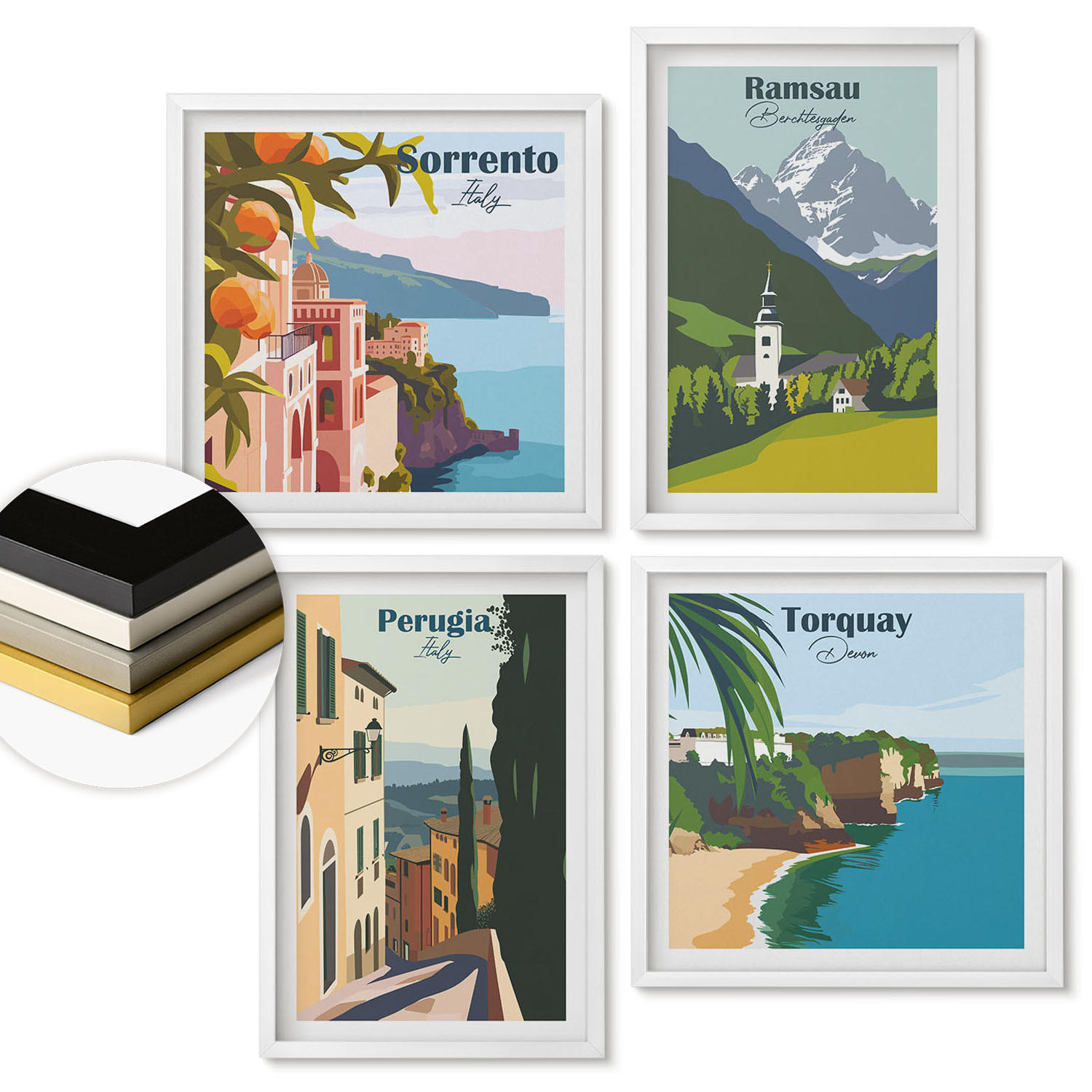WANDBILDER 4er-Set - 50x50 cm & 40x60 cm Weißer Rahmen - Berglandschaften und Städte - Weiß, Kunststoff (50/50cm) - ArtPrintCave