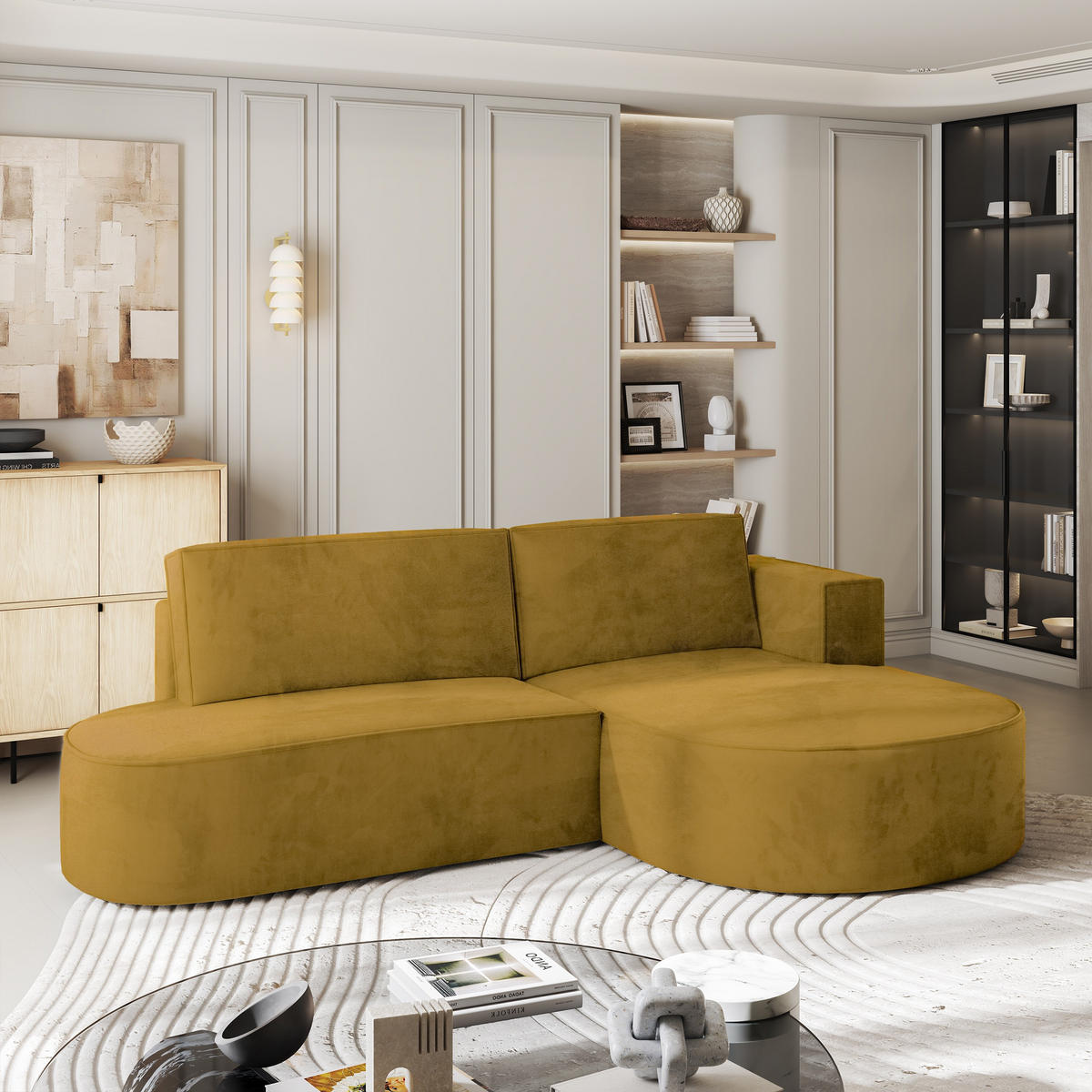 ECKSOFA CORTIO M R-S Gelb Velours-Stoff mit Schlaffunktion - Gelb, Holz (265/174cm) - MASSENO