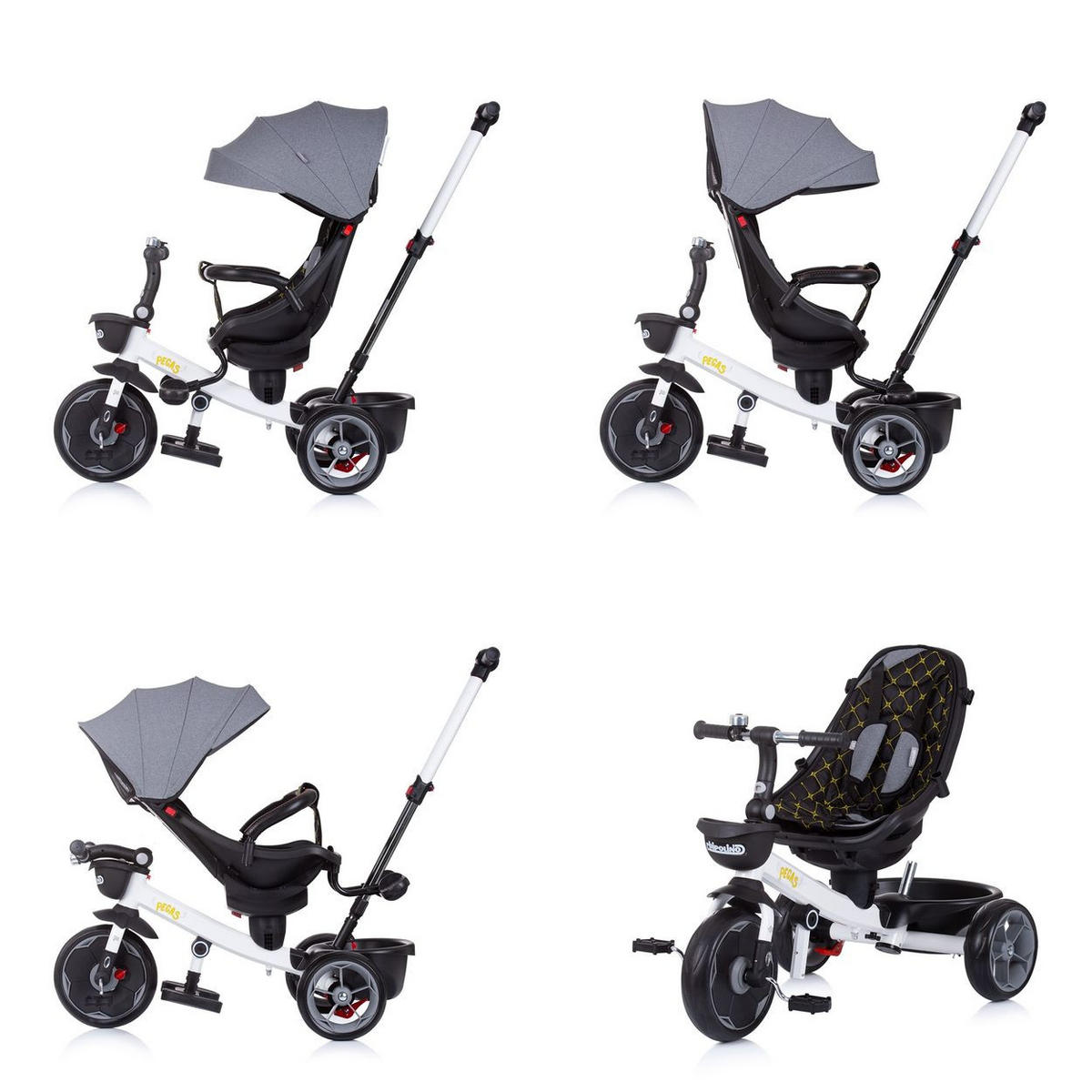 DREIRAD Pegas 4 in 1 grau Sitz umkehrbar, Schiebestange, Dach - Grau, Metall (85/52/93cm) - Chipolino
