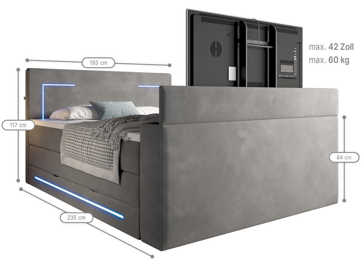BOXSPRINGBETT Monaco anthrazit 180/200 cm H2/H3 Samt mit TV-Lift - Anthrazit, Textil (180/200cm) - wonello