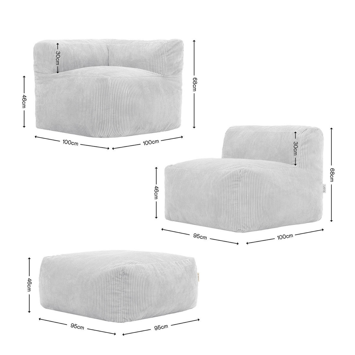 SITZSACK-SOFA 4-tlg. ZEN: Ecksessel, 2 Sessel, Fußstütze - Grau, Textil (385/68/100cm) - icon
