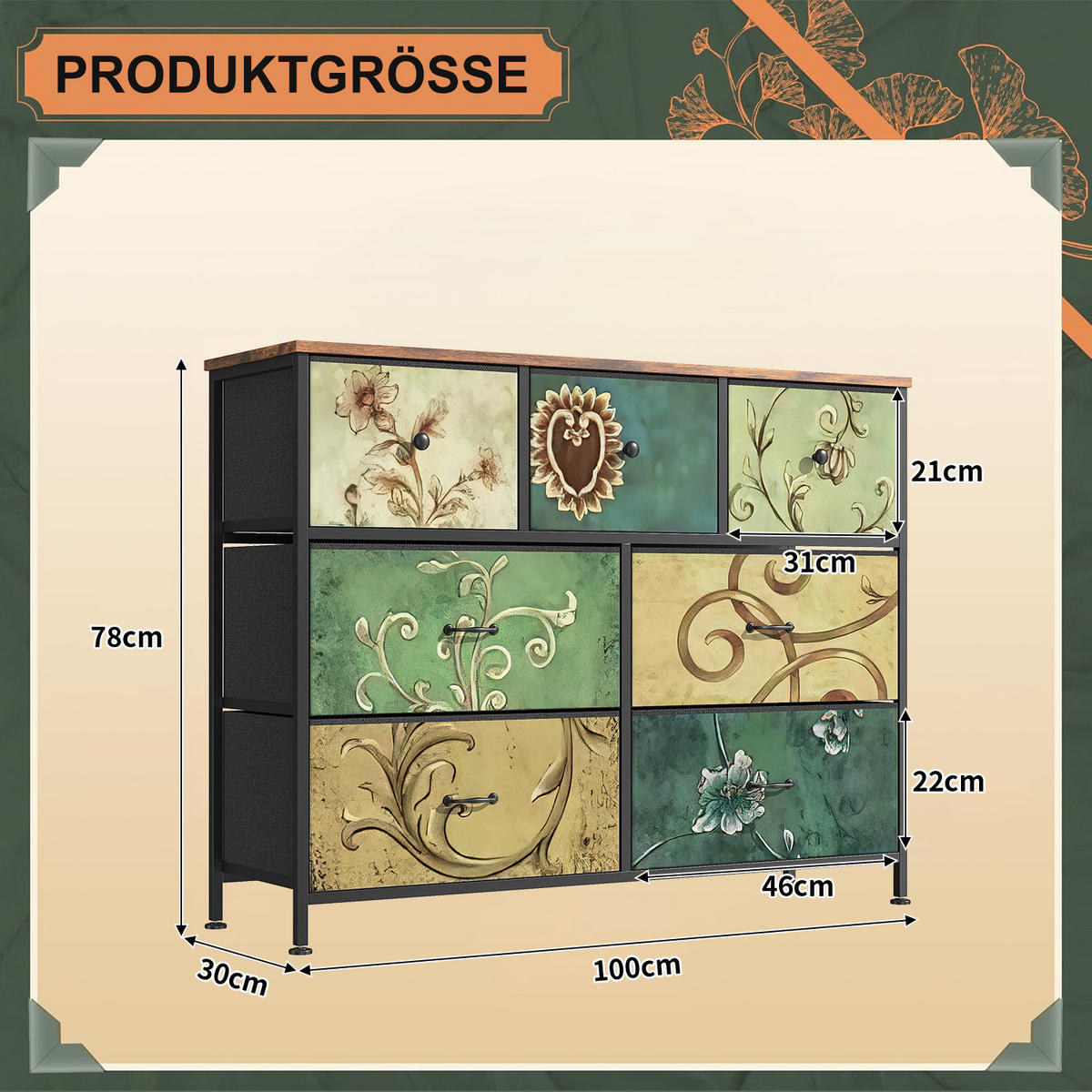 KOMMODE mit 7 Schubladen, Schminktisch mit Holzplatte, Metallgestell - Multicolor, Holz (30/78/100cm)