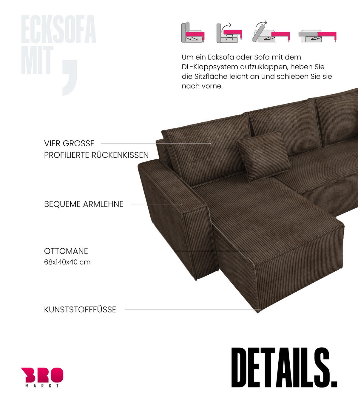 WOHNLANDSCHAFT Dexter U mit Schlaffunktion Braun Cord - Braun, Textil (310/80/141cm) - Bromarkt