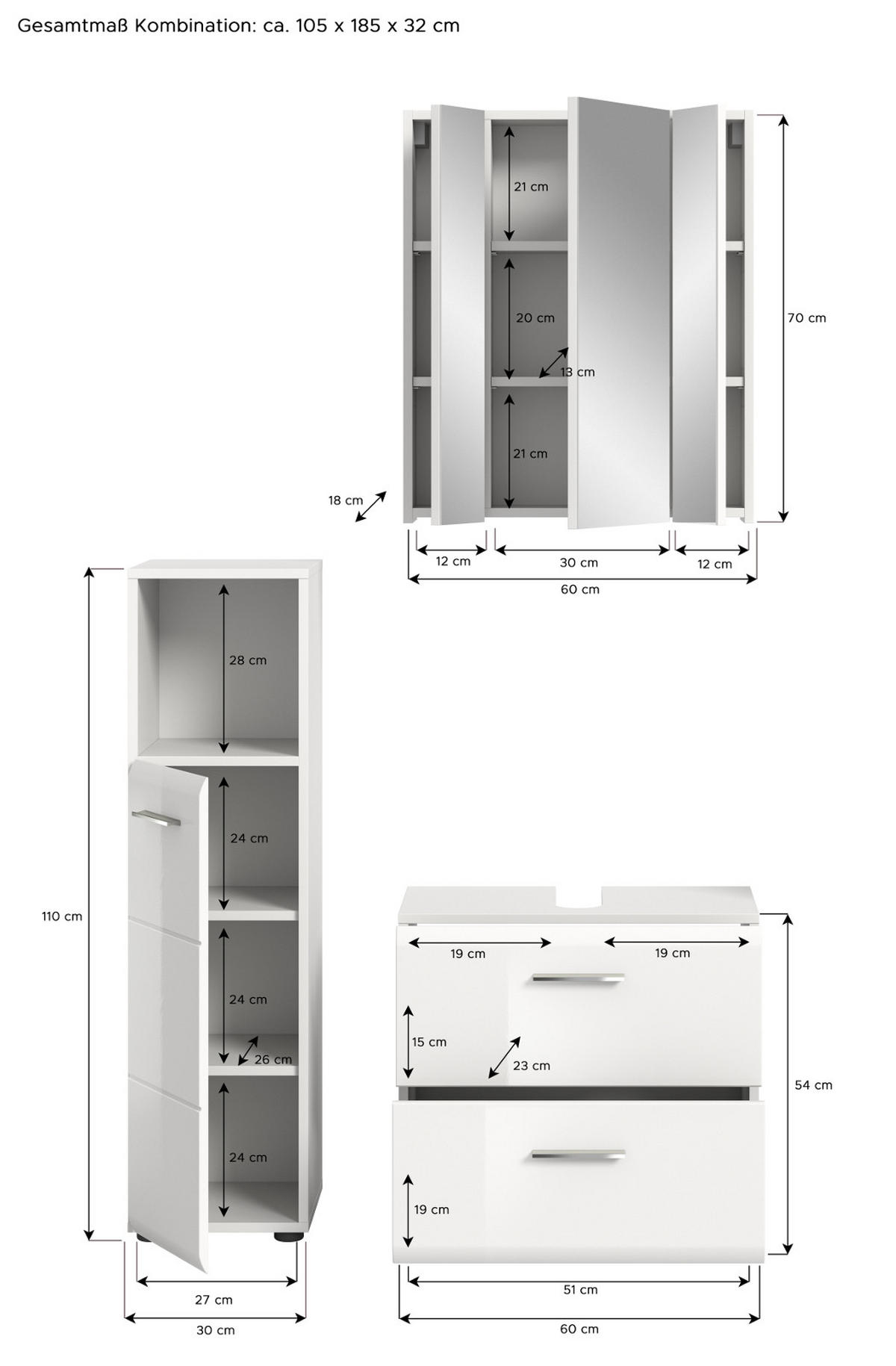 BADMÖBEL-SET 3-teilig weiß Hochglanz, Badkombination mit Spiegelschrank - Weiß Hochglanz/Silberfarben, Glas/Holzwerkstoff (105/185/30cm) - Inn.Furn