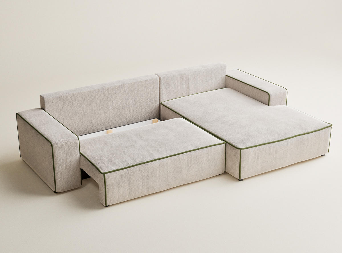 ECKSOFA MIT SCHLAFFUNKTION Modo Grau Chenille-Stoff - Rechts Seite - Creme/Schwarz, Holz/Holzwerkstoff (294/185cm) - Maison de Reve