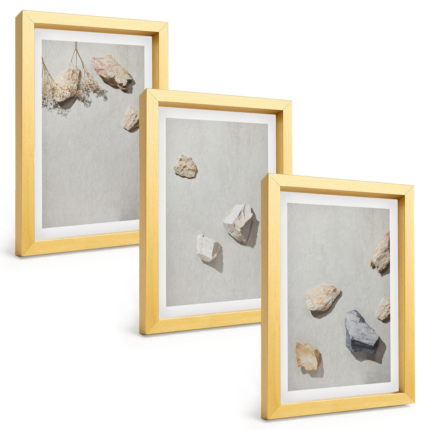 BILDER SET 3er Set - 20x30 cm Goldrahmen - Boho-Stranddekorationen aus Steinen - Goldfarben, Kunststoff (20/30cm) - TULUP