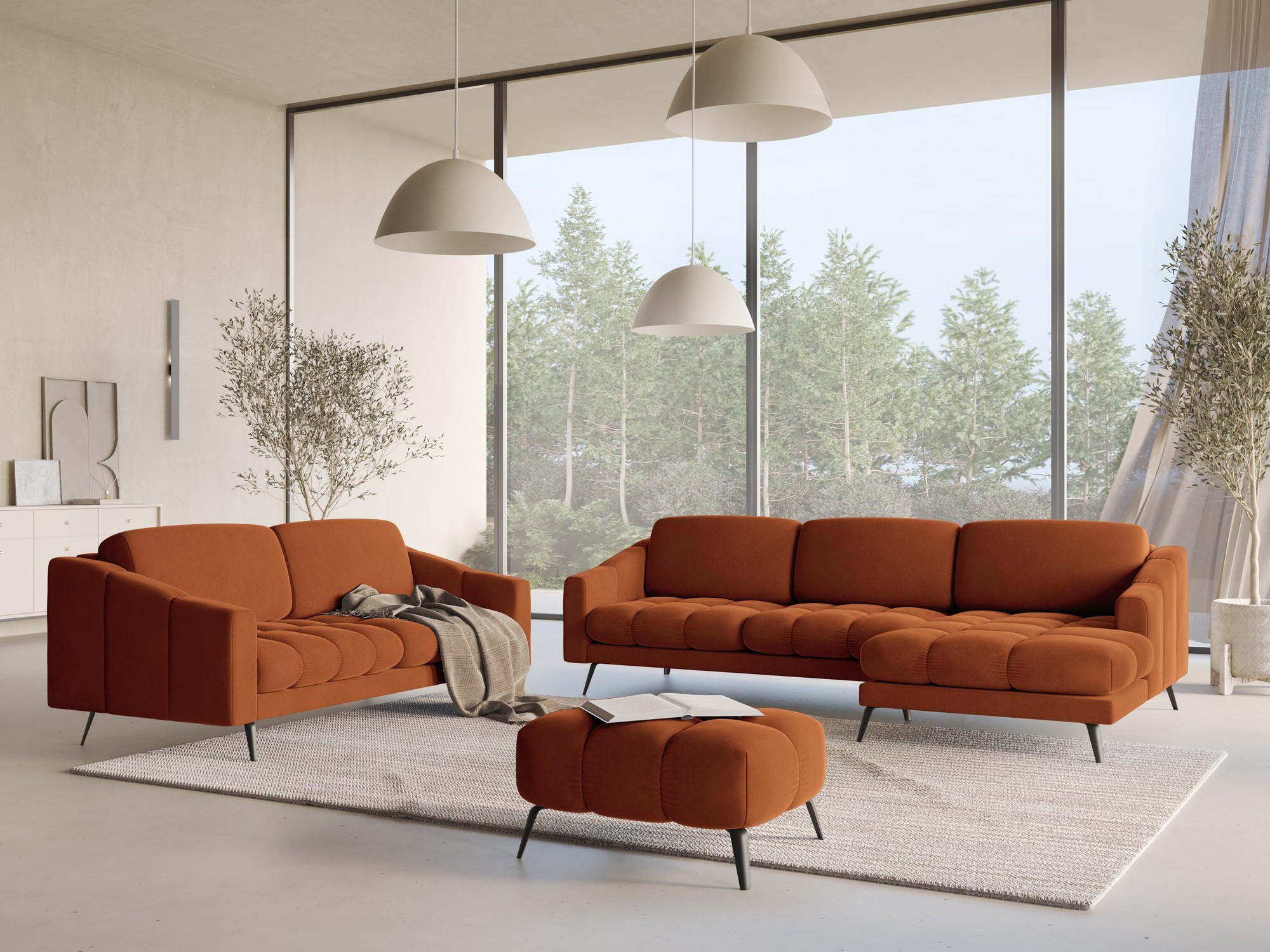 3-SITZER SOFA Samt Stoff Orange - Terracotta/Schwarz, Textil/Metall (202/80/95cm) - Makamii