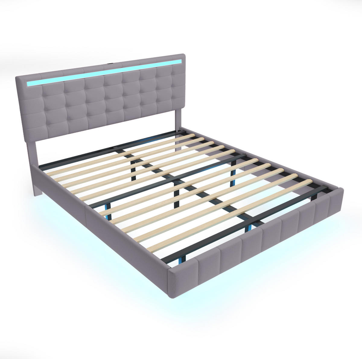POLSTERBETT 160/200 cm grau mit LED-Beleuchtung und Kopfteil-Design - Grau, Textil (160/200cm) - OKWISH