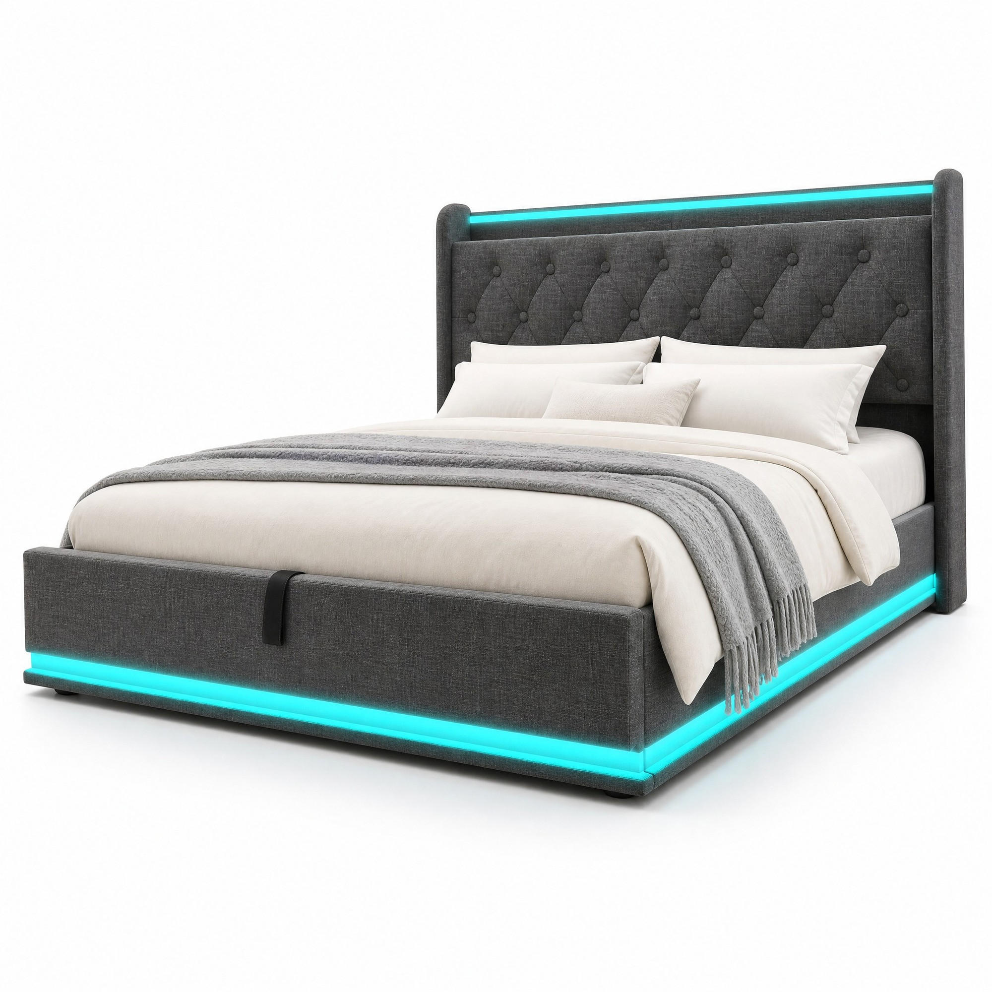 ČALOUNĚNÁ POSTEL 180 × 200 cm v šedém lnu s úložným prostorem, LED osvětlením a USB/USB-C - šedá, kov/kompozitní dřevo (180/200cm) - WISHDOR