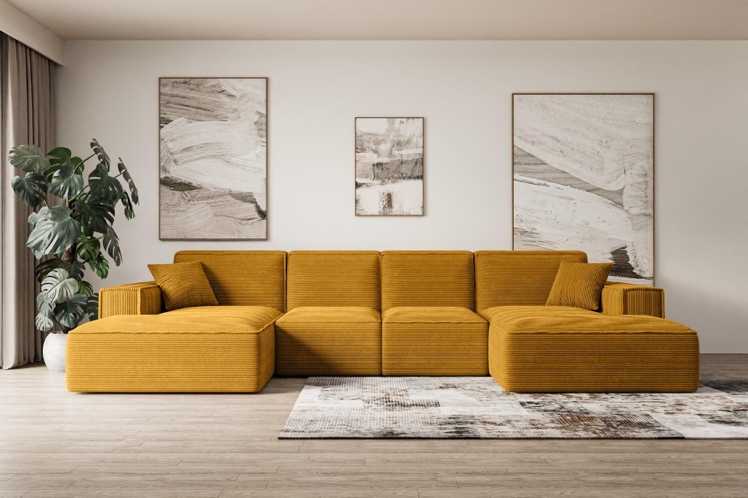 WOHNLANDSCHAFT SIERRA-U - 344x165x73 cm Senfgelb Cord - Gelb/Schwarz, Holzwerkstoff/Kunststoff (344/73/165cm) - ALTDECOR