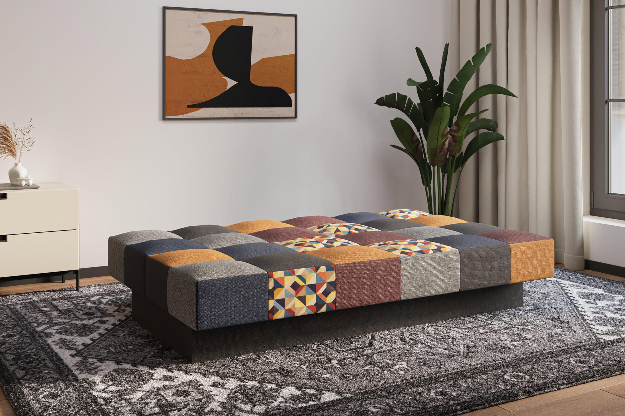 SCHLAFSOFA - Cyprus patchwork - Weinrot + Gelb - Weinrot, Holz (192/85/92cm) - Möblo