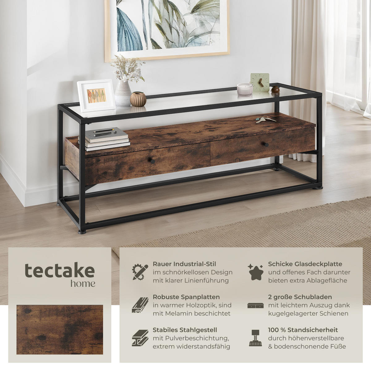 LOWBOARD Maidenhead,121,5 x 41,5 x 50,5 cm,Industrial Holz dunkel, rustikal - Rostfarben, Holzwerkstoff (41.5/50.5/121.5cm) - tectake