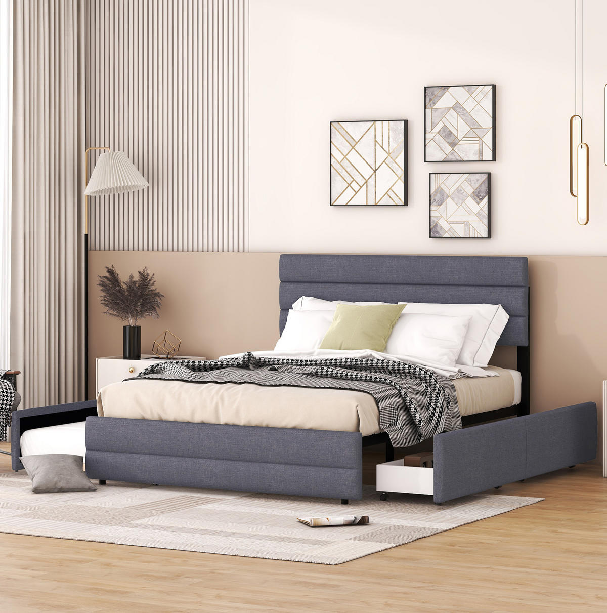 ČALÚNENÁ posteľ z ľanu 140x200 cm sivá s výsuvným lôžkom a 2 úložnými zásuvkami - sivá, textil (140/200cm) - Modfu