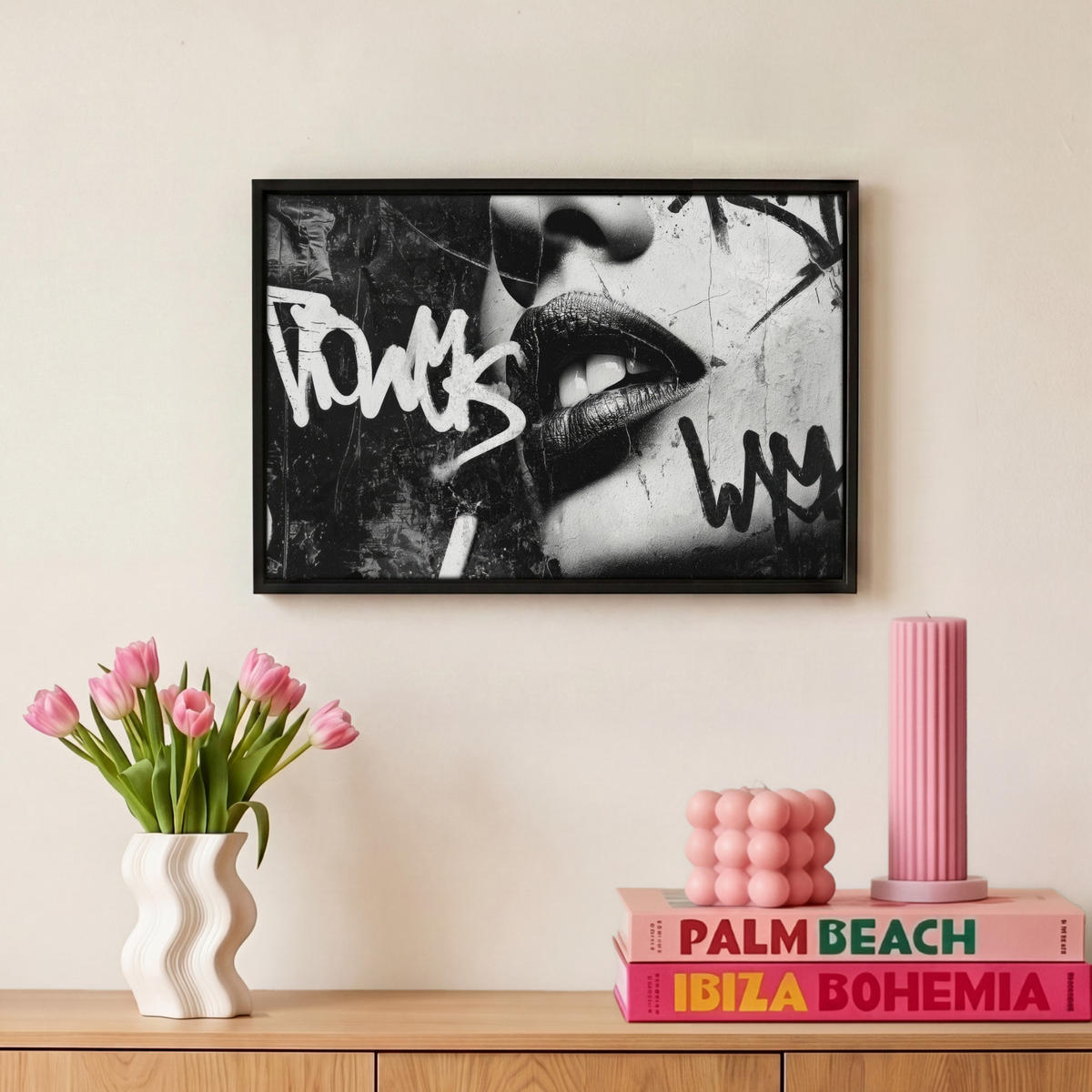 LEINWAND Bilder mit Rahmen - Gesicht - Mund - Graffiti - Schwarz - 30x20 - Schwarz, Textil (30/20cm) - MuchoWow