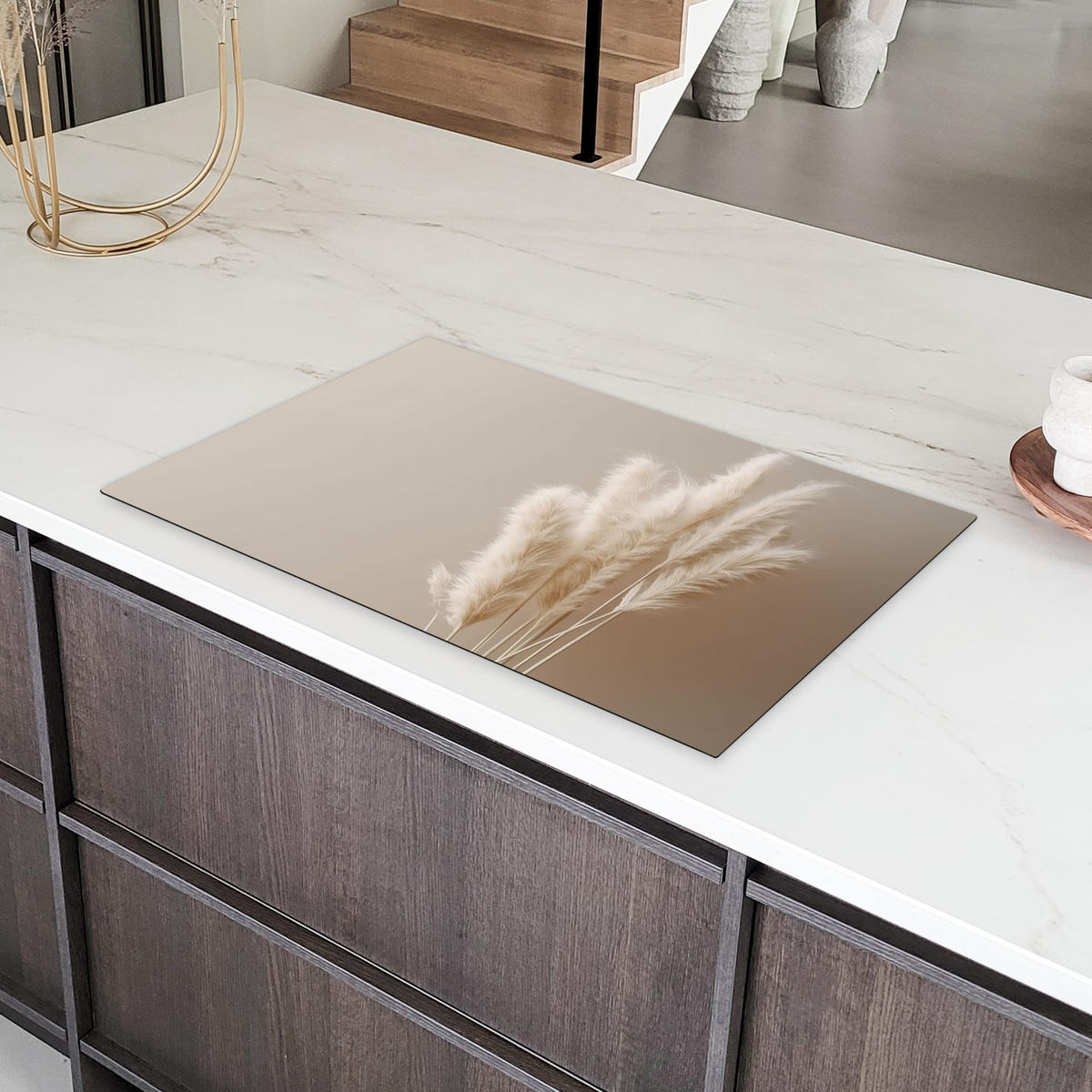 HERDABDECKPLATTE Pampasgras - Federn - Pastell - Weiß Ceranfeldabdeckung 85x52 cm - Creme, Kunststoff (85/52/0.2cm) - MuchoWow