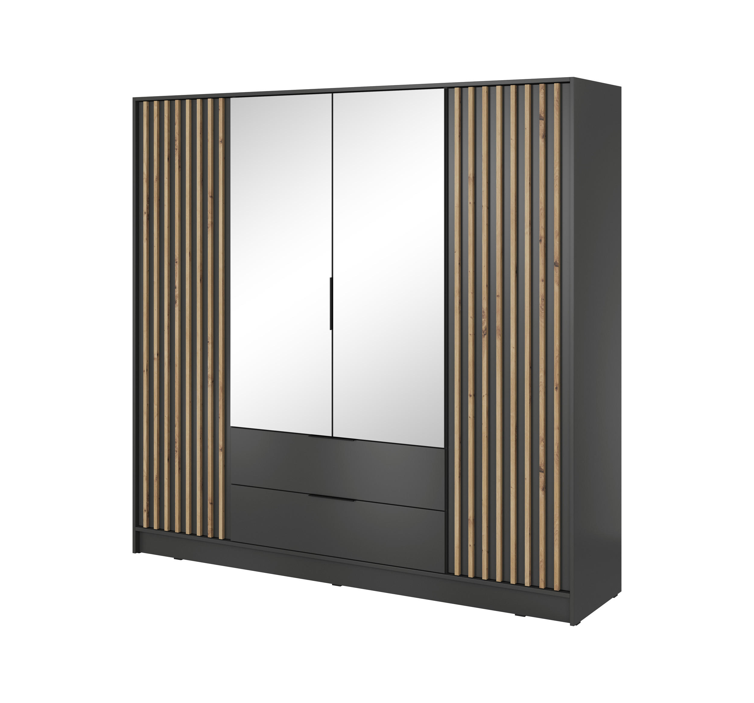 DREHTÜRENSCHRANK - John 4D mit Spiegel Graphit + artisan - Graphitfarben, Holzwerkstoff/Metall (206/200/51cm) - Möblo