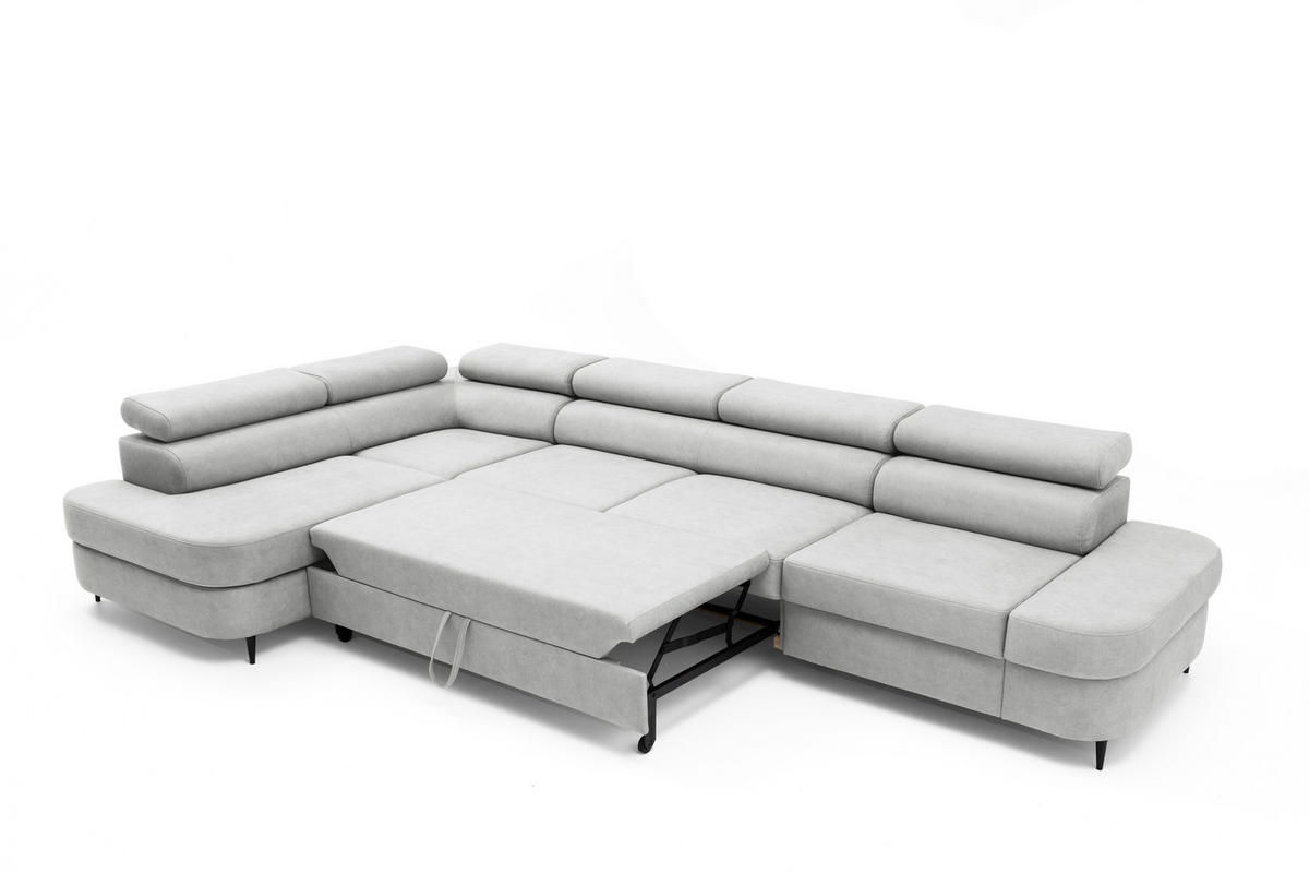 ECKSOFA PRIAM MAXI L-Form mit Schlaffunktion & Bettkasten, 6-Sitzer, 350cm, Verstellbare Kopfstützen Ottomane links - Hellgrau, Holz/Textil (350/203cm) - Muffo
